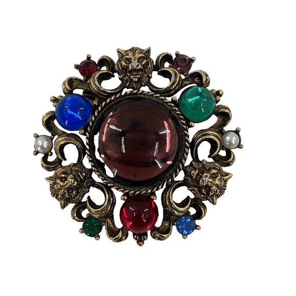 Gold Tone Lion Face Multicolor Cabochon Rhinestone Cluster Brooch Pin - Picture 1 of 8